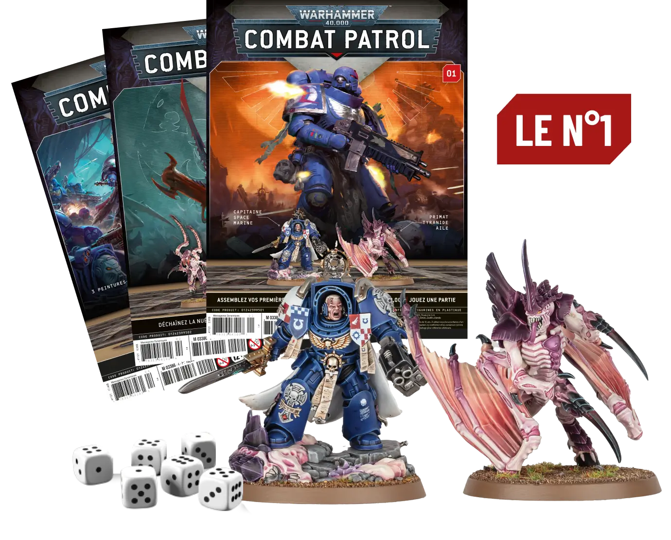Le N°1 : Le fascicule + Le kit pour réaliser 1 Capitaine Space Marine + 1 Primat Tyranide + 6 dés + 1 tapis de jeu